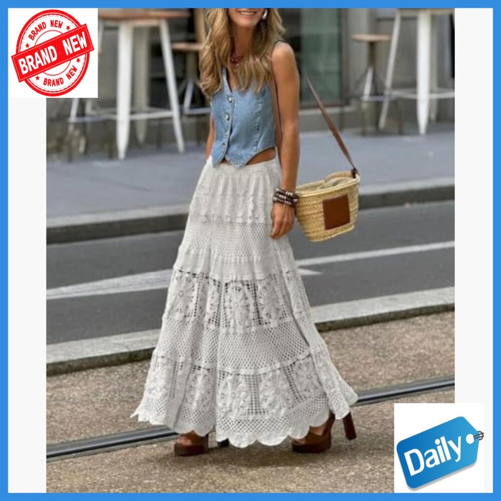 Western Floral Lace Crochet Maxi Skirt A-Line Elastic Waist Boho - Picture 2 of 2